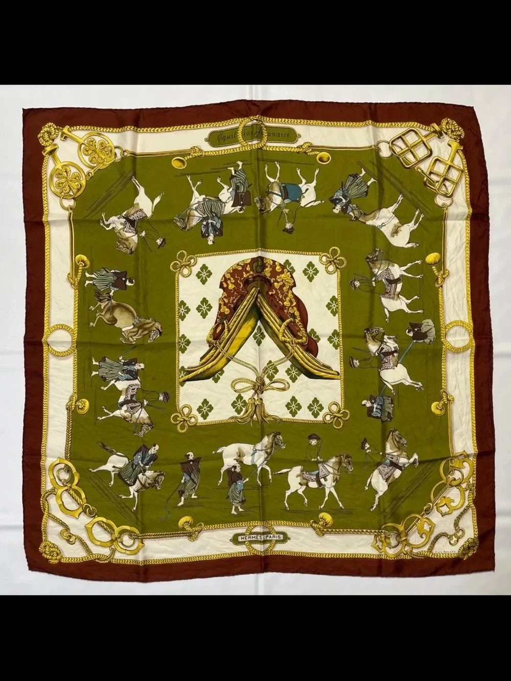 Hermes Green, White & Brown Equestrian Silk Scarf
